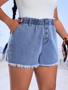 SHEIN ICON Plus Button Fly Raw Hem Denim Shorts - Light Wash - View 4