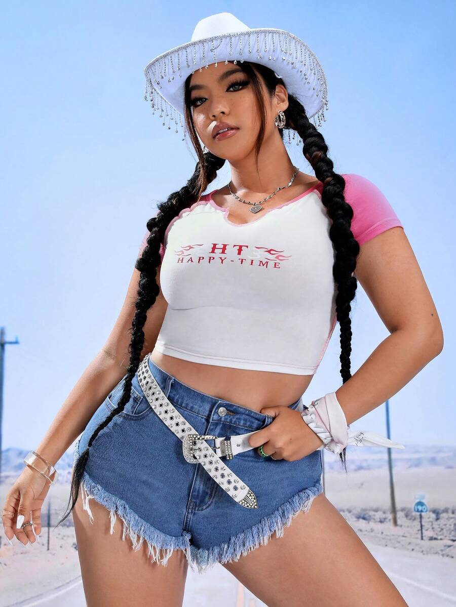 SHEIN ICON Quần short denim oversized Hem thô Lá thư - Rửa nhẹ - Xem 1