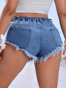 SHEIN ICON Quần short denim oversized Hem thô Lá thư - Rửa nhẹ - Xem 2