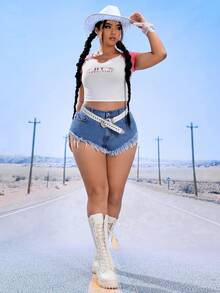 SHEIN ICON Quần short denim oversized Hem thô Lá thư - Rửa nhẹ - Xem 4