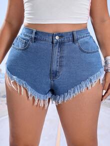 SHEIN ICON Quần short denim oversized Hem thô Lá thư - Rửa nhẹ - Xem 5