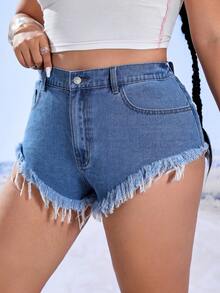 SHEIN ICON Quần short denim oversized Hem thô Lá thư - Rửa nhẹ - Xem 6