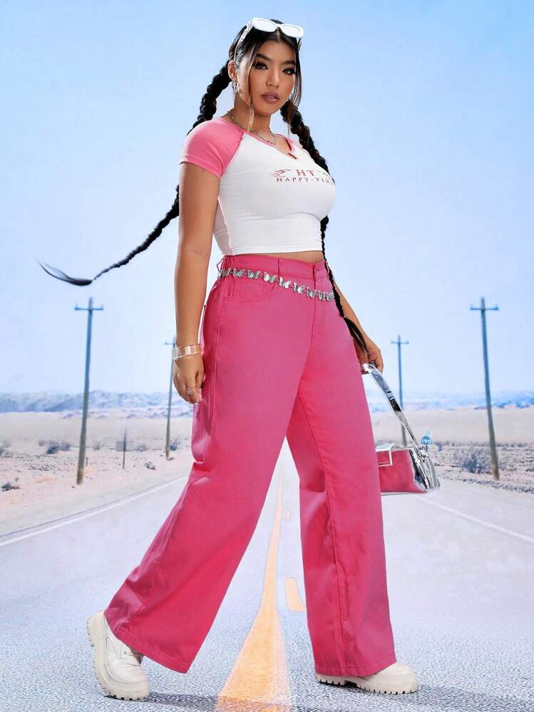 SHEIN ICON Quần Denim kích thước lớn Túi Dây kéo Nút màu trơn - Hồng - Xem 5