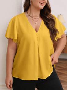 SHEIN Frenchy Plus Solid V Neck Butterfly Sleeve Blouse - Yellow - View 3