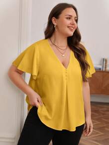 SHEIN Frenchy Plus Solid V Neck Butterfly Sleeve Blouse - Yellow - View 5