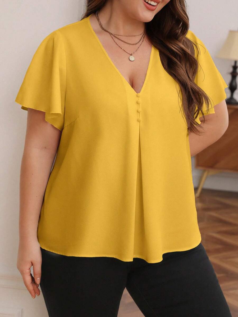 SHEIN Frenchy Plus Solid V Neck Butterfly Sleeve Blouse