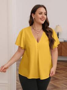 SHEIN Frenchy Plus Solid V Neck Butterfly Sleeve Blouse - Yellow - View 6