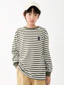 男大童日式風條紋圖案長袖T恤帶寬圓領適合春天和秋天 - 彩色 - 查看 1