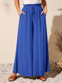 SHEIN VCAY Paperbag Waist Wide Leg Trousers - Blue - View 3