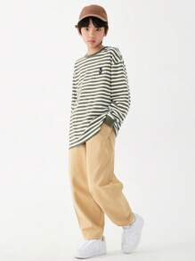 男大童日式風條紋圖案長袖T恤帶寬圓領適合春天和秋天 - 彩色 - 查看 4