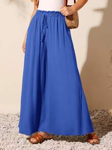 SHEIN VCAY Paperbag Waist Wide Leg Trousers - Blue - View 5