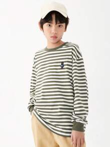 男大童日式風條紋圖案長袖T恤帶寬圓領適合春天和秋天 - 彩色 - 查看 5
