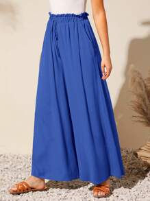 SHEIN VCAY Paperbag Waist Wide Leg Trousers - Blue - View 6
