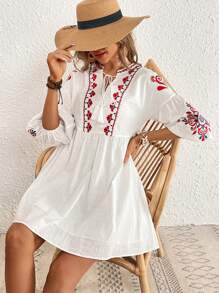 SHEIN VCAY Đầm Thêu mép Thắt nơ trước Hoa Boho - trắng - Xem 4