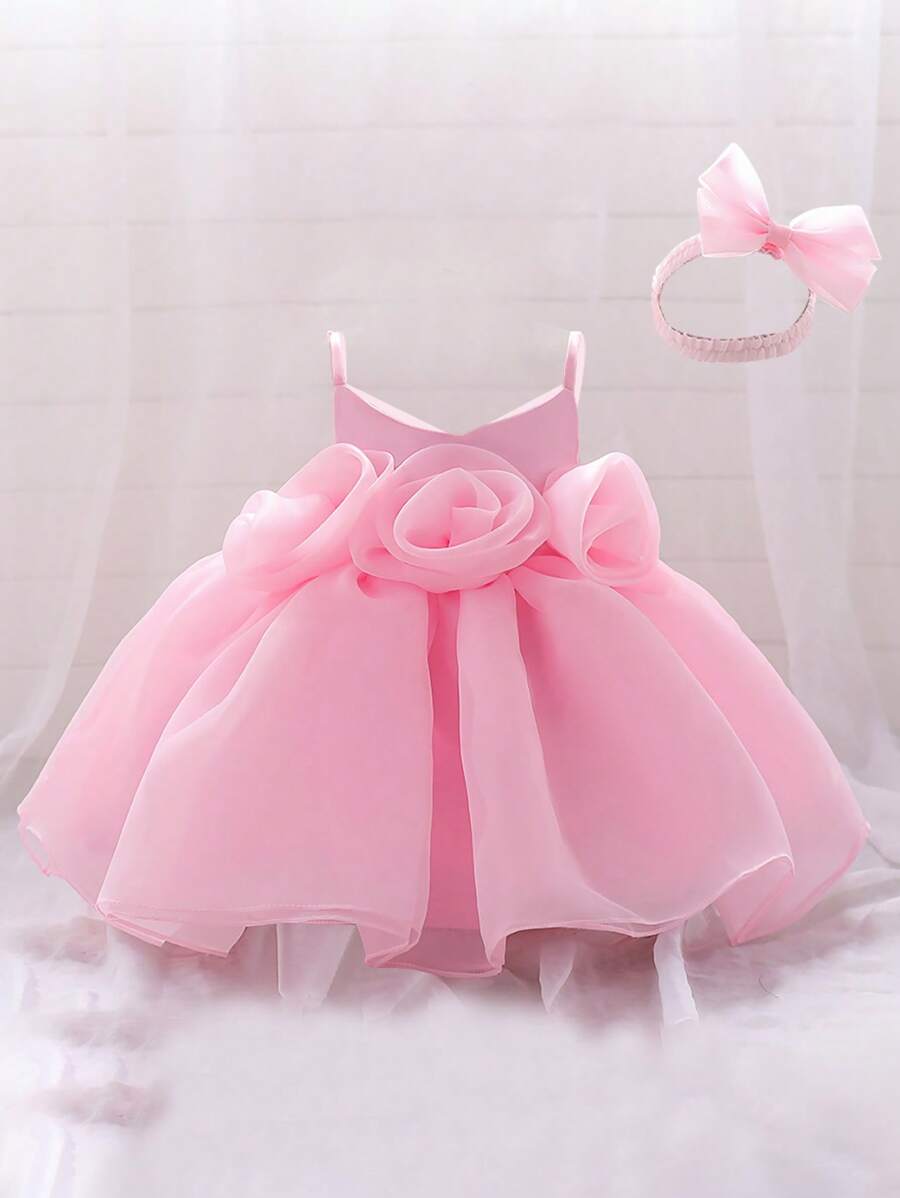 婴儿优雅连衣裙，纯色3D立体花卉缎面网纱面料，适合外出、户外活动、生日派对等场合，附赠发带 - 粉色 - 查看 1