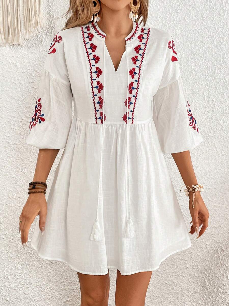 SHEIN VCAY Đầm Thêu mép Thắt nơ trước Hoa Boho - trắng - Xem 1