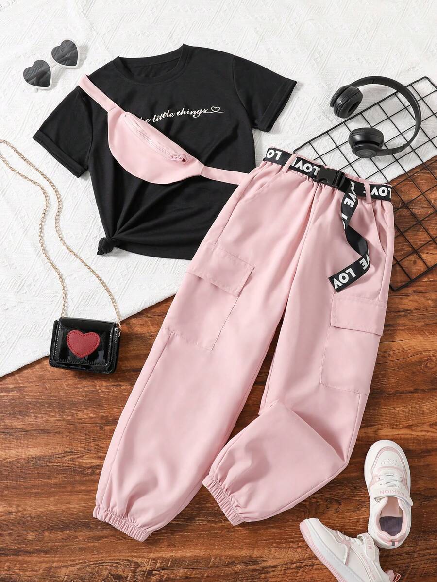 SHEIN Tween Girl Letter Graphic Tee & Flap Pocket Pants - Multicolor - View 1