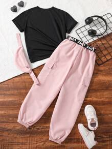 SHEIN Tween Girl Letter Graphic Tee & Flap Pocket Pants - Multicolor - View 2