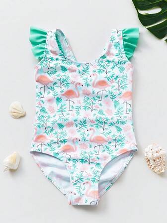 小女童火烈鳥圖案荷葉邊連體泳衣