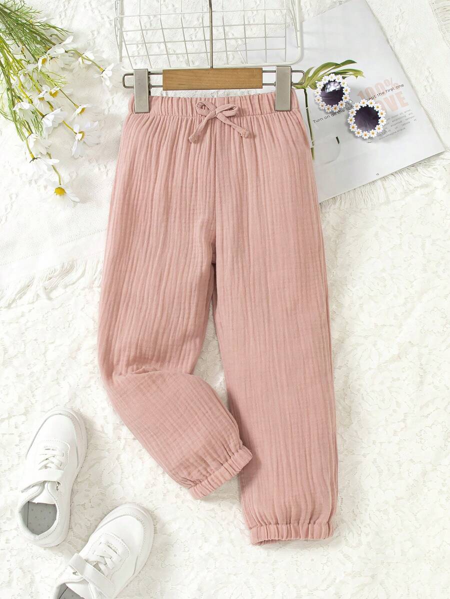 Toddler Girls' Double Layer Solid Coloured Breezy Drawstring Trousers - Pink - View 1