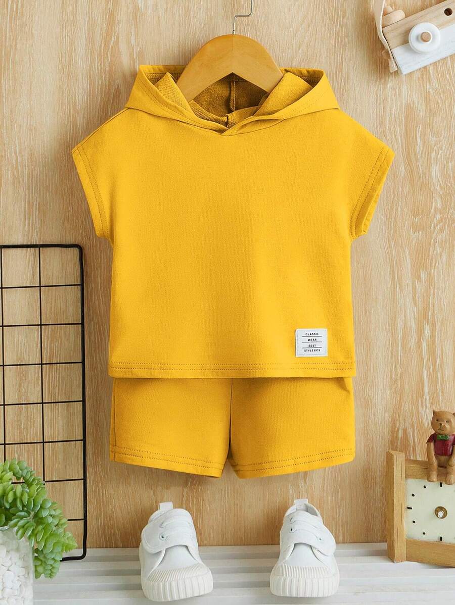 Baby Boy Letter Patched Detail Hooded Tee & Shorts - Mustard Yellow - View 1