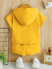Baby Boy Letter Patched Detail Hooded Tee & Shorts - Mustard Yellow - View 2