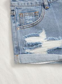 Ripped Roll Up Hem Denim Shorts - Medium Wash - View 3