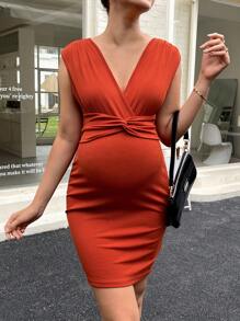 SHEIN Váy Bà bầu xoắn lại màu trơn Giải trí - Rỉ Nâu - Xem 3