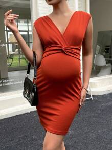 SHEIN Váy Bà bầu xoắn lại màu trơn Giải trí - Rỉ Nâu - Xem 4