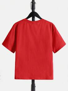 SHEIN Tween 男童休闲熊压花短袖落肩 T 恤，适合夏季 - 紅色 - 查看 2