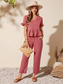 SHEIN LUNE 荷葉袖花邊下擺上衣和褲子 - 藕粉色 - 查看 1