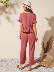 SHEIN LUNE 荷葉袖花邊下擺上衣和褲子 - 藕粉色 - 查看 2