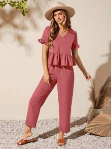 SHEIN LUNE 荷葉袖花邊下擺上衣和褲子 - 藕粉色 - 查看 4