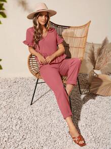 SHEIN LUNE 荷葉袖花邊下擺上衣和褲子 - 藕粉色 - 查看 5