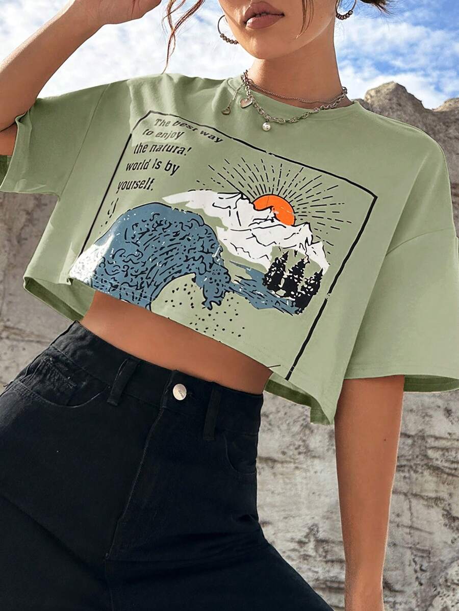 SHEIN EZwear 波浪和標語圖案落肩袖短款T恤 - 薄荷綠 - 查看 1