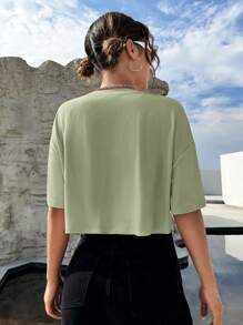 SHEIN EZwear 波浪和標語圖案落肩袖短款T恤 - 薄荷綠 - 查看 2