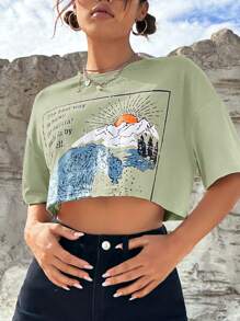 SHEIN EZwear 波浪和標語圖案落肩袖短款T恤 - 薄荷綠 - 查看 3