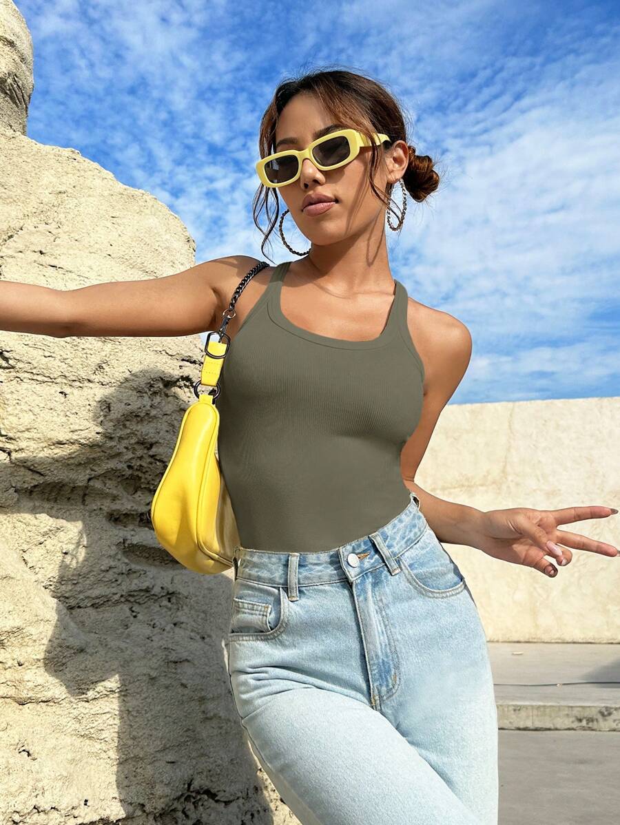 SHEIN EZwear Top tank unicolor tejido de canalé - Verde militar - Ver 1