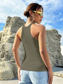 SHEIN EZwear Top tank unicolor tejido de canalé - Verde militar - Ver 2