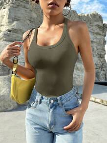 SHEIN EZwear Top tank unicolor tejido de canalé - Verde militar - Ver 4