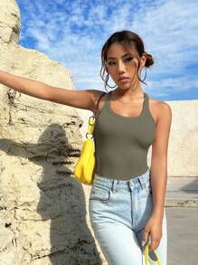 SHEIN EZwear Top tank unicolor tejido de canalé - Verde militar - Ver 5