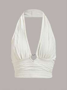 SHEIN ICON Áo khoác và áo lót dành cho xe tăng nữ Lộ Lưng Nhẫn Xù màu trơn Gợi cảm - trắng - Xem 1