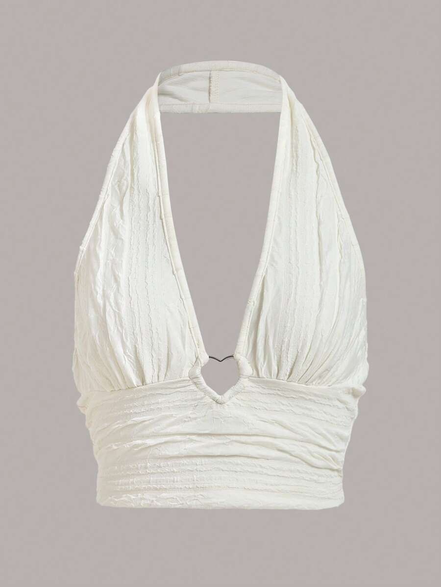 SHEIN ICON Áo khoác và áo lót dành cho xe tăng nữ Lộ Lưng Nhẫn Xù màu trơn Gợi cảm - trắng - Xem 1