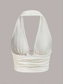 SHEIN ICON Áo khoác và áo lót dành cho xe tăng nữ Lộ Lưng Nhẫn Xù màu trơn Gợi cảm - trắng - Xem 2