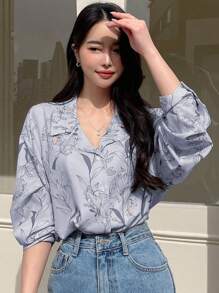 DAZY Camisa de manga larga con estampado floral y hombros caídos - Azul - Ver 1