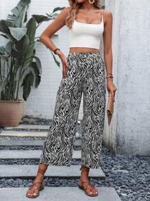 SHEIN LUNE Zebra Striped Wide Leg Trousers - Black and White - View 6