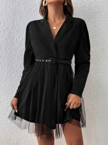 Celure Plus Lapel Neck Mesh Overlay Dress Without Belt - Black - View 1