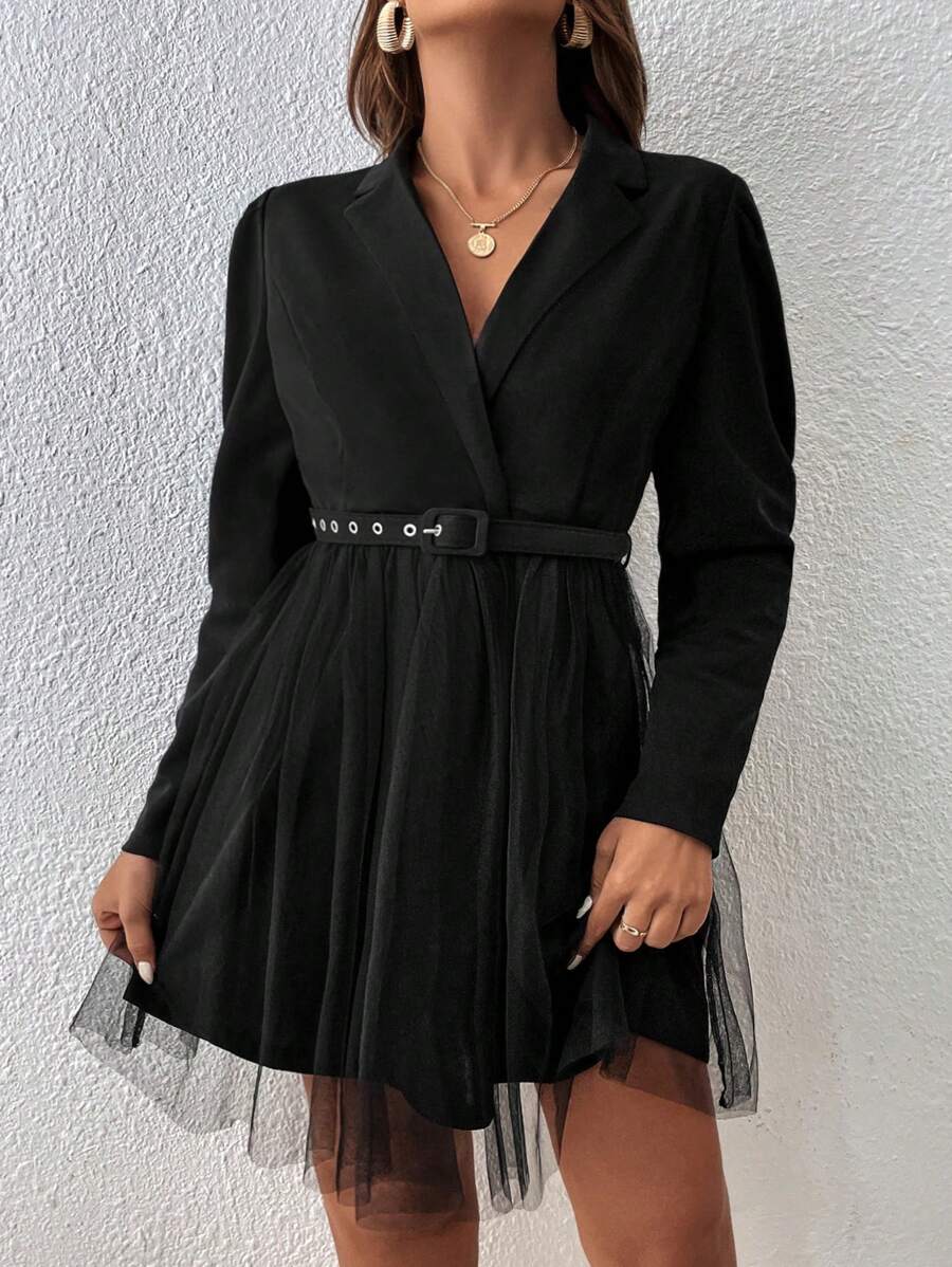 Celure Plus Lapel Neck Mesh Overlay Dress Without Belt - Black - View 1