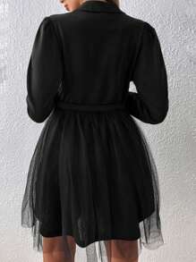 Celure Plus Lapel Neck Mesh Overlay Dress Without Belt - Black - View 2