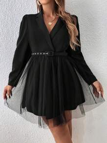 Celure Plus Lapel Neck Mesh Overlay Dress Without Belt - Black - View 4